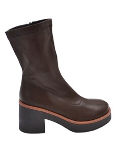 Malu Shoes Tronchetti platdorm donna marrone opaco a punta tonda tacco comodo doppio 5cm con plateau effetto calzino zip moda