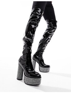 ASOS DESIGN - Stivali cuissard con tacco in pelle sintetica verniciata nera con dettagli in strass-Nero