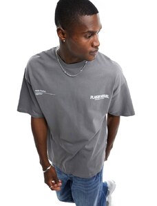 Selected Homme - T-shirt squadrata oversize grigia con stampa sul petto-Grigio