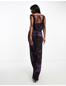 ASOS DESIGN - Vestito lungo trasparente viola con stampa pitonata, schiena scoperta e scollo alla Bardot-Multicolore