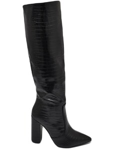 Malu Shoes Stivali donna nero a punta tacco doppio 10 cm lucido altezza ginocchio rigido stampa coccodrillo con zip moda