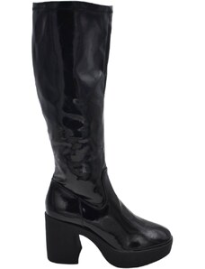 Malu Shoes Stivali donna pelle lucida nero al ginocchio con fondo gomma comodo zeppa tacco grosso 7 cm elastico combat