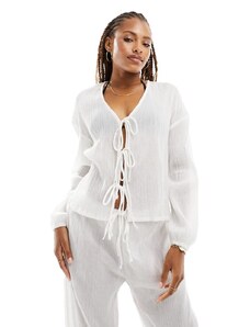 Esmeé - Camicia da mare a maniche lunghe bianca testurizzata trasparente con lacci sul davanti in coordinato-Bianco