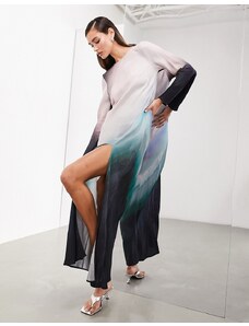 ASOS EDITION - Vestito lungo taglio sbieco a maniche lunghe con stampa sfumata-Multicolore