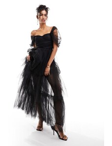 Lace & Beads - Vestito lungo in tulle nero asimmetrico con spalle scoperte