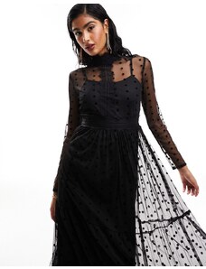 Lace & Beads - Vestito al polpaccio accollato nero in tulle e pizzo