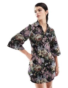 ASOS DESIGN - Vestito camicia corto con maniche svasate a fiori stile tappezzeria-Multicolore