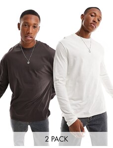 ASOS DESIGN - Confezione da 2 T-shirt girocollo a maniche lunghe écru e marrone-Multicolore