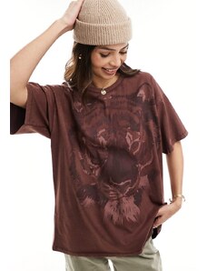 Wrangler - T-shirt ampia bordeaux con stampa di tigre-Rosso