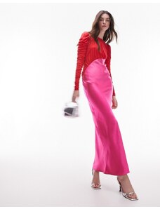 Topshop - Vestito lungo in raso e jersey rosso/rosa a maniche lunghe