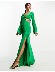 ASOS DESIGN - Vestito lungo in raso verde con cut-out e maniche svasate