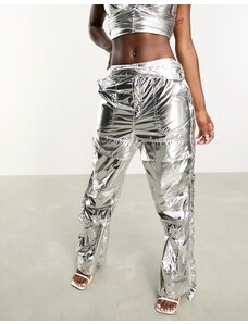 Amy Lynn - Pantaloni anni Y2K argento metallizzato lucido effetto liquido in coordinato