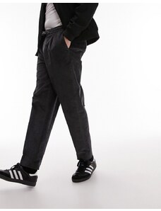 Topman - Pantaloni affusolati in velluto a coste antracite con elastico in vita-Grigio