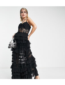 Reclaimed Vintage - Vestito lungo nero stile corsetto e a balze in pizzo - Edizione limitata