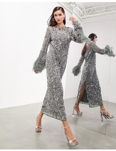 ASOS EDITION - Vestito lungo a maniche lunghe grigio antracite decorato con motivo geometrico e polsini in piume sintetiche