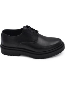 Malu Shoes Stringata uomo inglesina liscia in vera pelle opaca matte nera fondo gomma alta ultraleggera zigrinata made in Italy