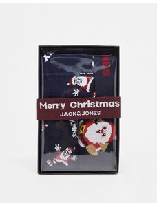 Jack & Jones - Confezione regalo natalizia con boxer e calzini blu navy con stampa di Babbo Natale