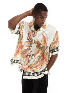 ASOS DESIGN - Camicia squadrata in raso con rever e stampa vistosa di fenice-Multicolore