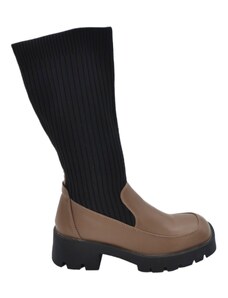 Malu Shoes Stivali donna tortora taupe basic punta quadrata con gomma e tacco 4cm altezza polpaccio tessuto elastico curvy