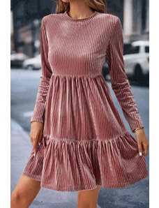 Robingly Apricot Pink Ribbed Tiered Velvet Mini Dress