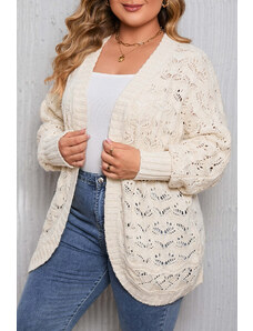 Robingly Beige Plus Size Hollowed Open Front Ribbed Trim Cardigan