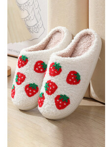 Robingly Bright White Cute Fuzzy Strawberry Pattern Home Slippers