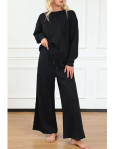 Robingly Black Textured Loose Slouchy Long Sleeve Top and Pants Set