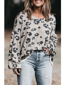 Robingly Gray Leopard Drop Shoulder Puff Sleeve Plus Size Pullover