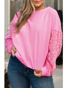 Robingly Pink Plus Size Sequin Sleeve Drop Shoulder Sweatshirt