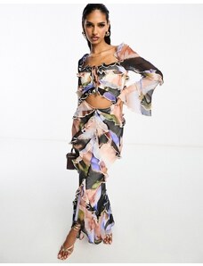 ASOS DESIGN - Vestito lungo milkmaid con stampa stile acquerello, volant, cut-out e maniche svasate-Multicolore