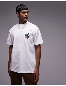 Topman - T-shirt oversize bianca con ricamo di rondone stile tatuaggio-Bianco
