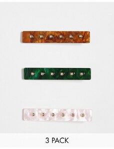 Accessorize - Confezione da 3 clip per capelli multicolore in resina con borchie