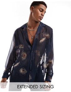 ASOS DESIGN - Camicia comoda trasparente con stampa fotografica a fiori e rever pronunciato-Blu navy
