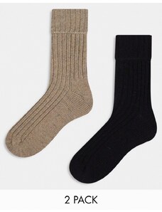 ASOS DESIGN - Confezione da 2 paia di calzini da casa a metà polpaccio morbidi in misto lana marrone e nero-Multicolore