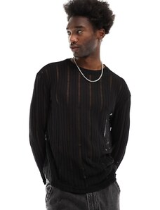 Pull&Bear - Maglietta a maniche lunghe in maglia traforata nera-Nero