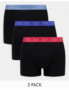 French Connection FCUK - Confezione da 3 paia di boxer aderenti neri con fascia in vita a contrasto-Nero