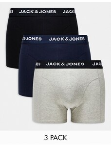Jack & Jones - Confezione da 3 paia di boxer aderenti grigi multicolore con fascia in vita con logo-Nero
