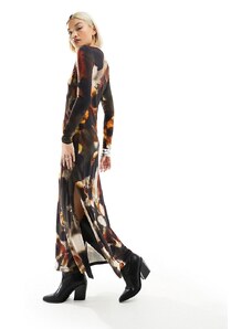 AllSaints - Katlyn Mars - Vestito lungo a maniche lunghe marrone ruggine con stampa