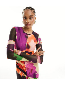 Vero Moda Tall - Vestito a maniche lunghe in tessuto a rete con stampa astratta e bordo ondulato-Multicolore