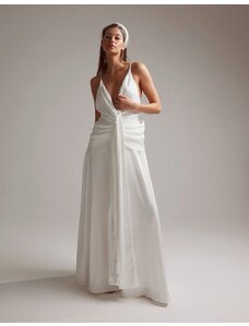 ASOS DESIGN - Emily - Vestito da sposa con spalline sottili in raso drappeggiato con scollo profondo-Bianco