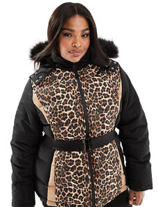 Threadbare Plus - Giacca da sci con cappuccio e cintura in pelliccia sintetica con stampa leopardata-Nero