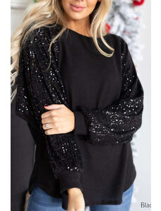Robingly Black Solid Color Sequin Sleeve Round Neck Sweatshirt