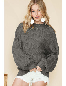 Robingly Gray Mock Neck Lantern Sleeve Cable Knit Sweater