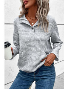 Robingly Light Grey Textured Knit Buttoned Kangaroo Pocket Sweatshirt