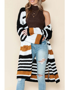 Robingly Striped Drop Shoulder Open Front Long Cardigan