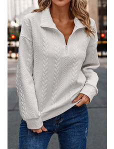 Robingly White Quilted 1/4 Zipper Textured Pullover Sweatshirt
