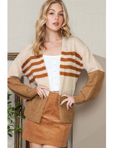 Robingly Camel Colorblock Striped Open Front Cardigan