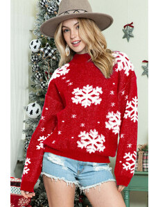 Robingly Red Christmas Snowflake Mock Neck Sweater