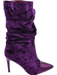 Malu Shoes Tronchetto stivaletto viola donna in velluto arricciato punta lucida tacco a spillo 10 al polpaccio con zip