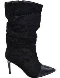 Malu Shoes Tronchetto stivaletto nero donna in velluto arricciato punta lucida tacco a spillo 10 al polpaccio con zip